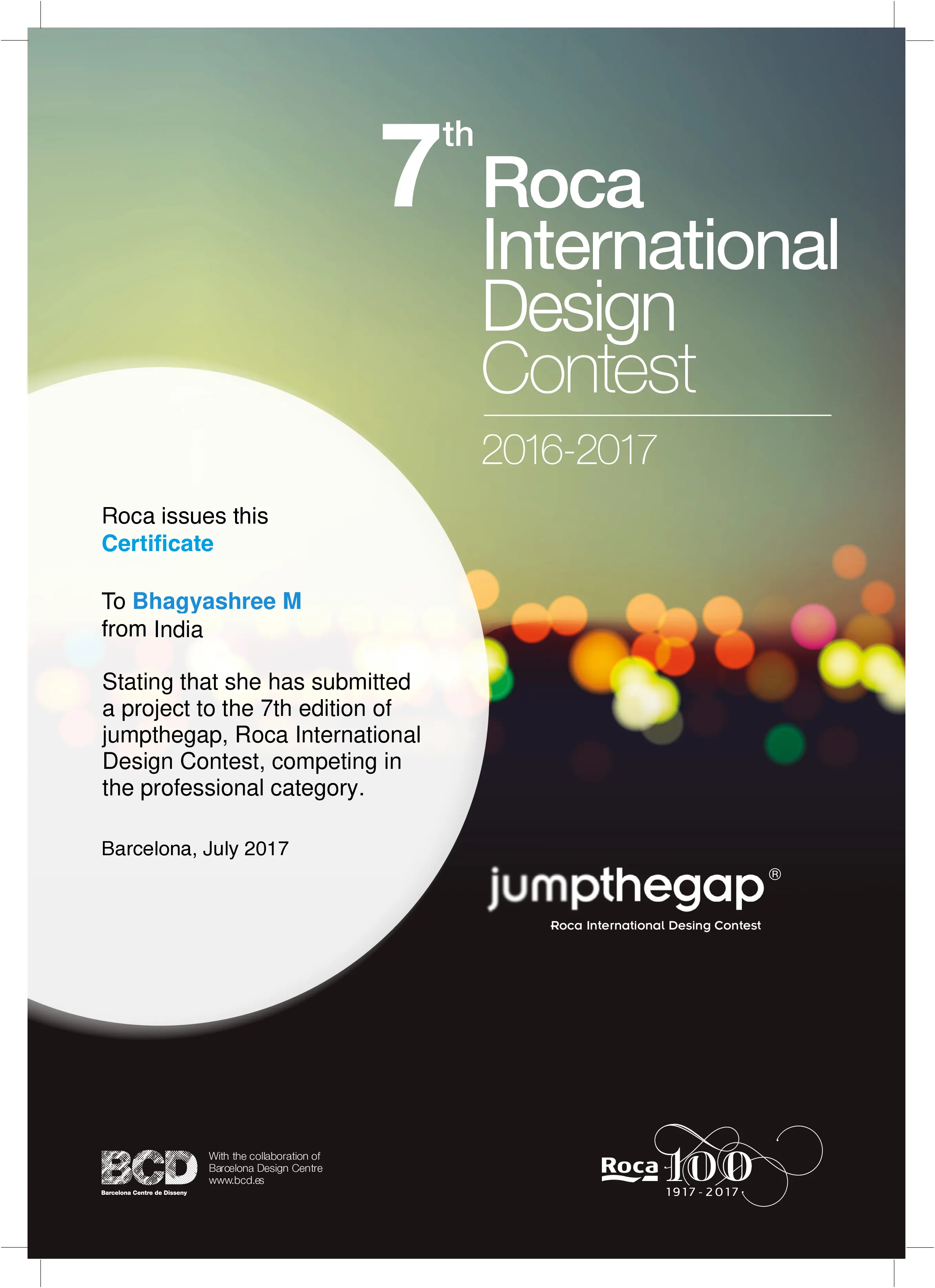 Bhagyashree Jain, certified by Roca International Design Contest, Barcelona