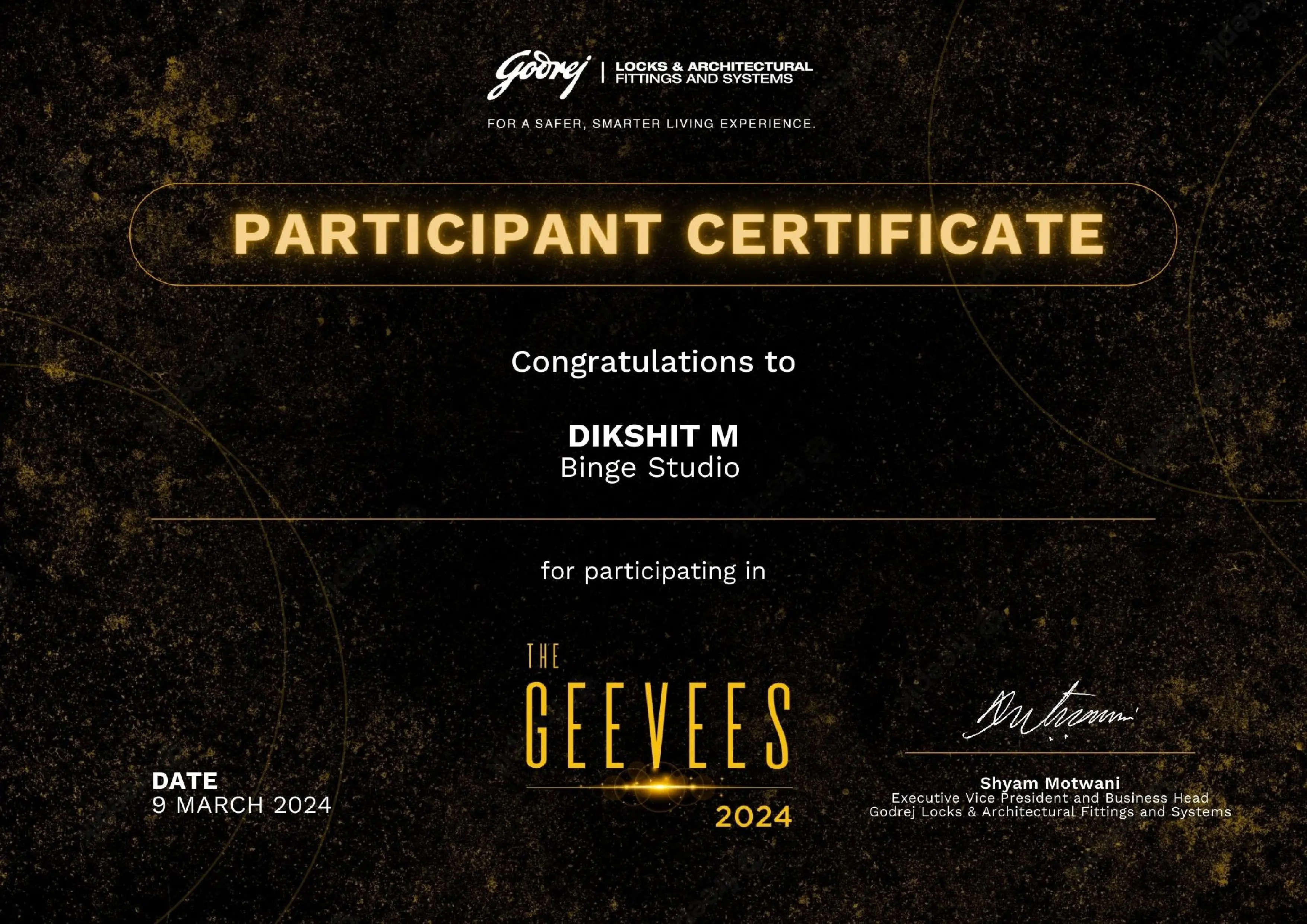 Certification to Binge Studio by Godrej GEEVES 2024